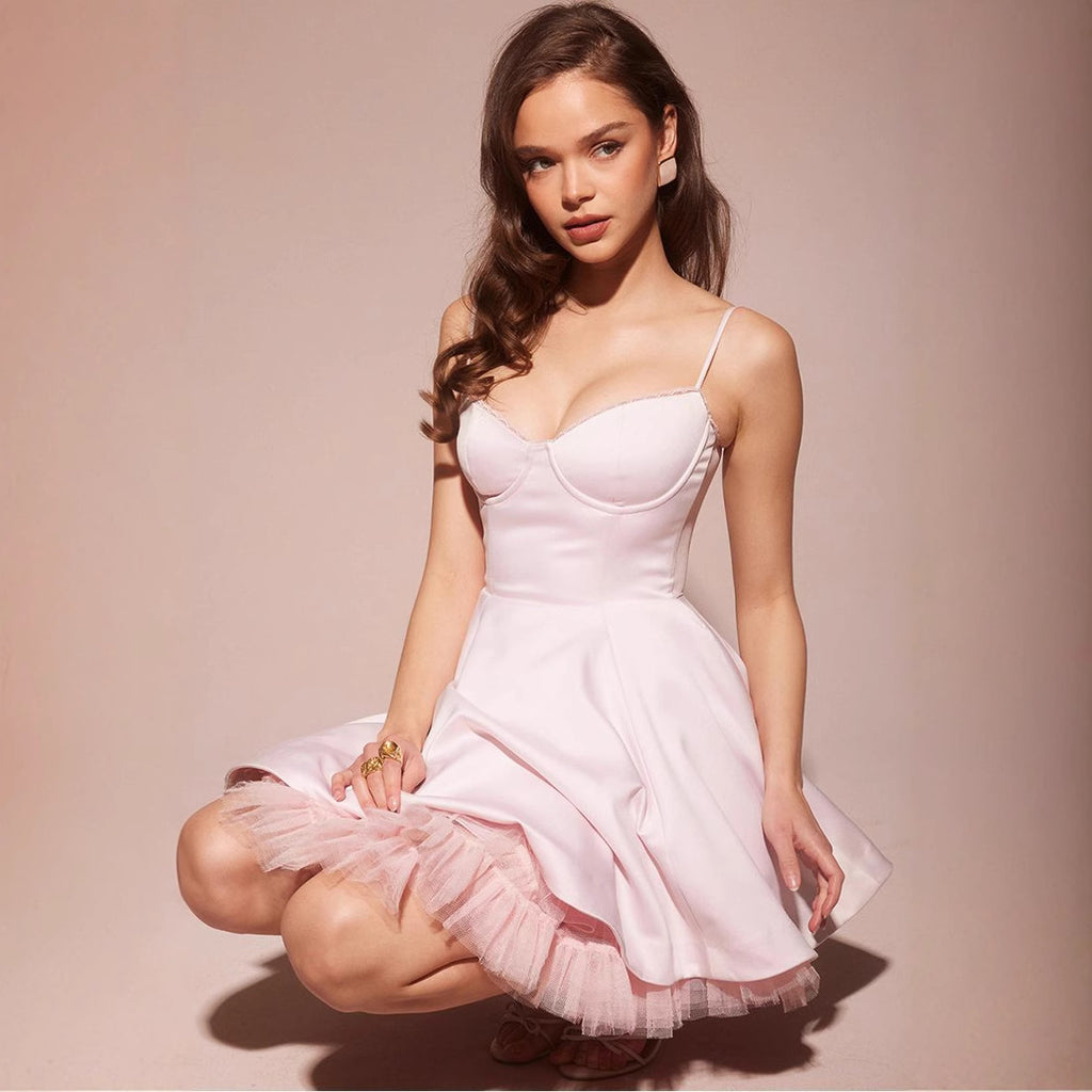 Pink Satin Mini Dress with Tulle Hem – Sweetheart Corset Fit Flare Party Dress
