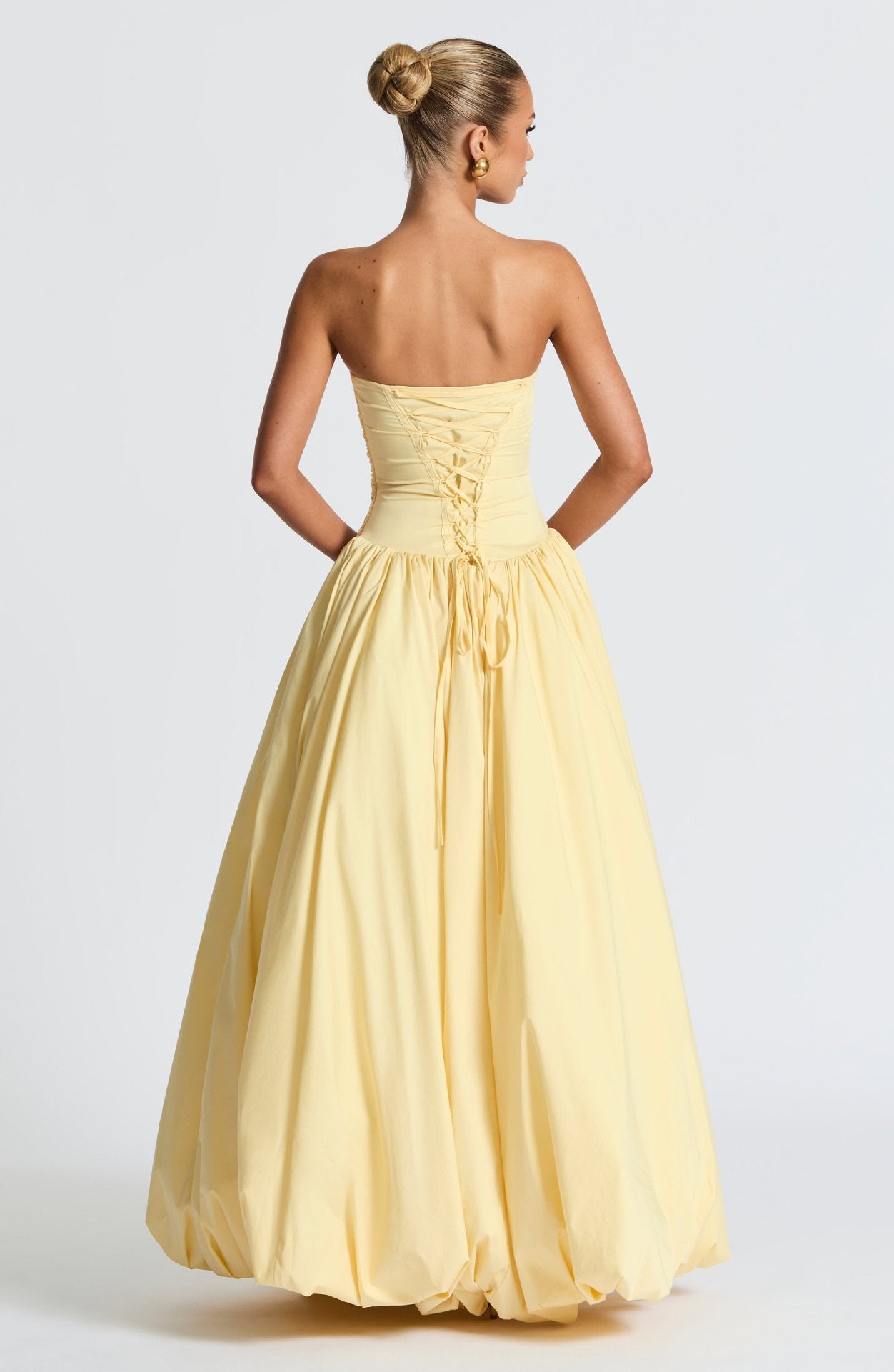 Elegant Strapless Yellow High Slit Maxi Dress – Formal Evening Gown
