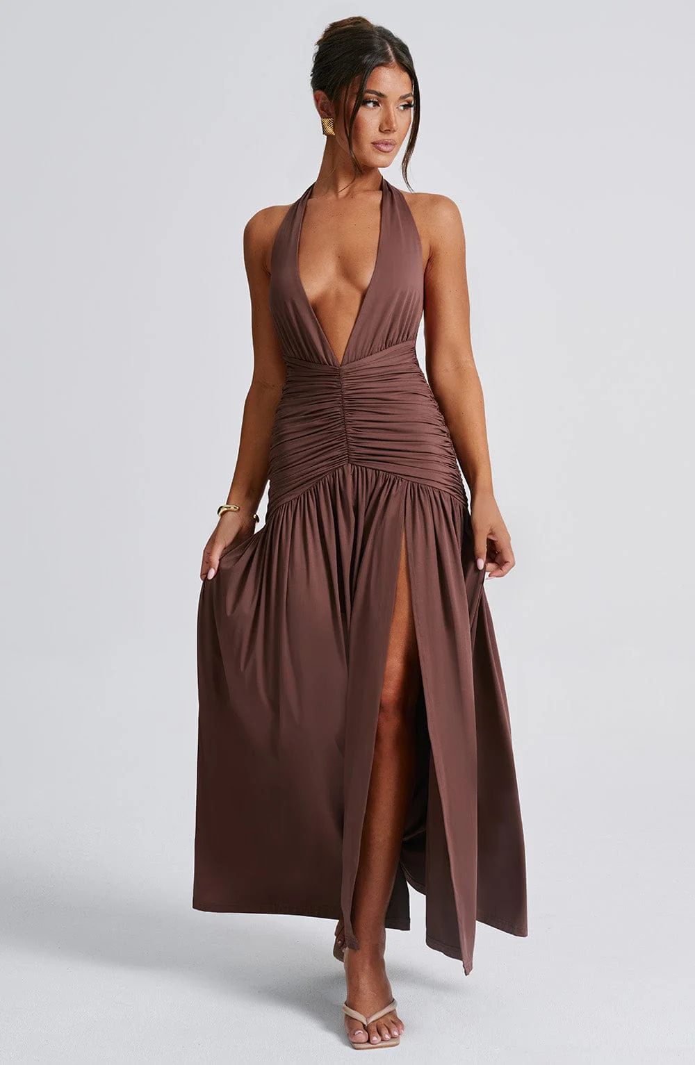 Brown Deep V-Neck Ruched Maxi Dress – Sexy Halter Split Evening Gown