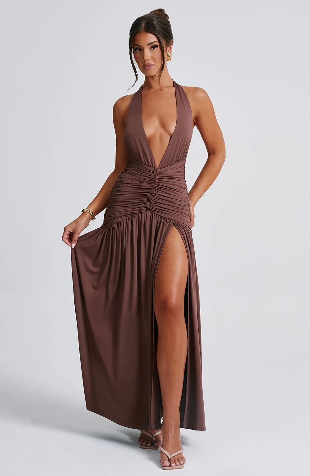 Brown Deep V-Neck Ruched Maxi Dress – Sexy Halter Split Evening Gown