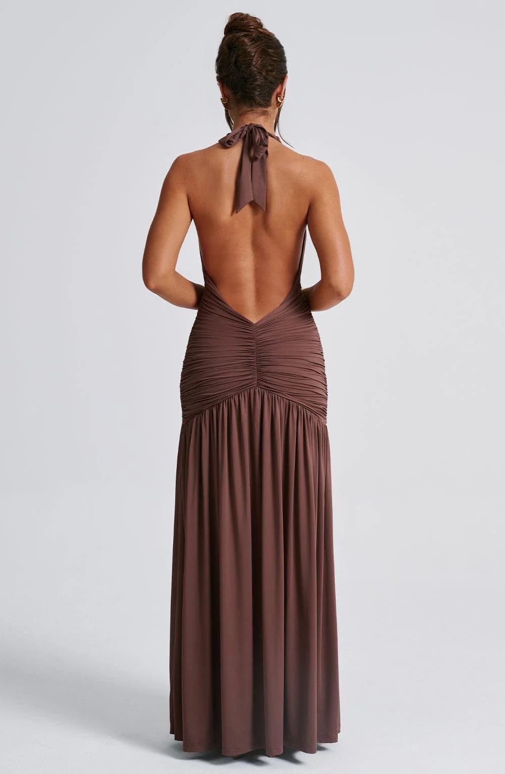 Brown Deep V-Neck Ruched Maxi Dress – Sexy Halter Split Evening Gown