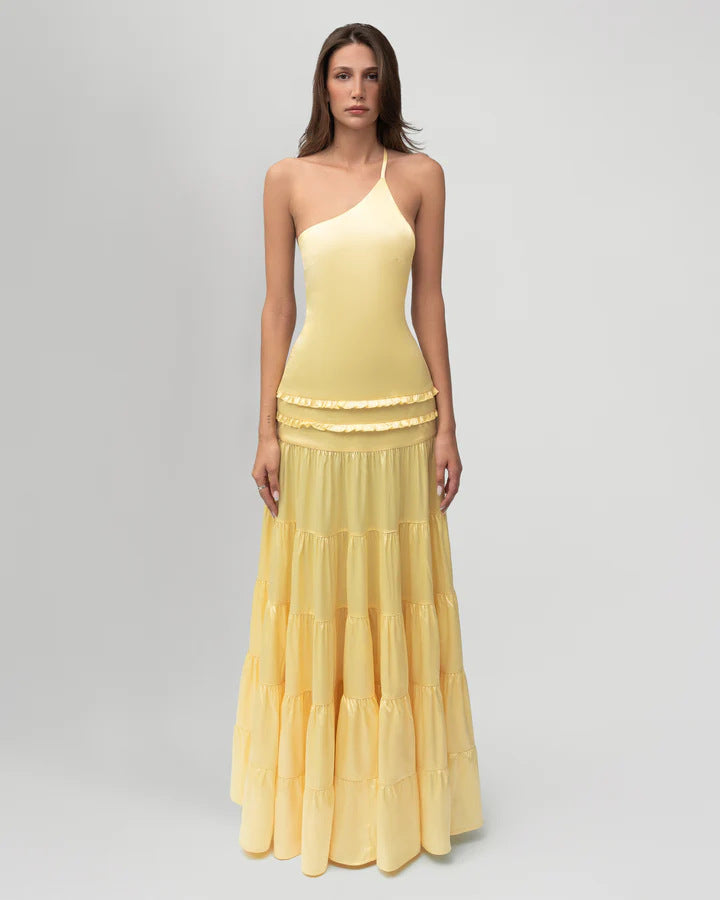 Yellow One-Shoulder Tiered Maxi Dress – Elegant Satin and Chiffon Evening Gown