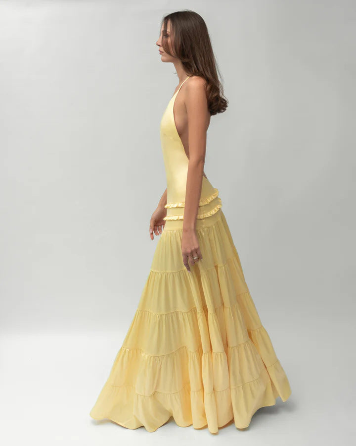 Yellow One-Shoulder Tiered Maxi Dress – Elegant Satin and Chiffon Evening Gown