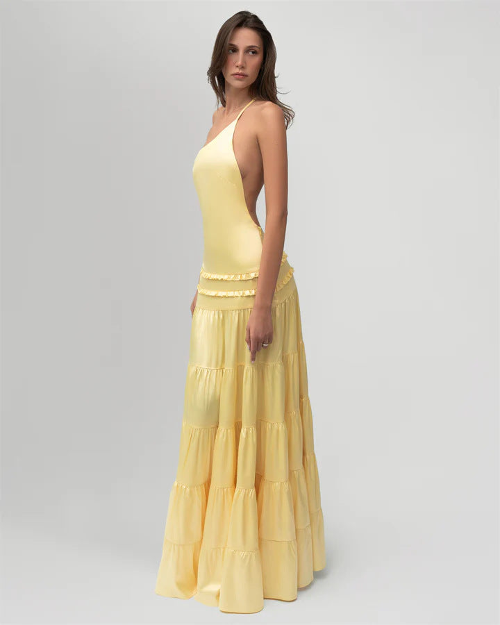 Yellow One-Shoulder Tiered Maxi Dress – Elegant Satin and Chiffon Evening Gown
