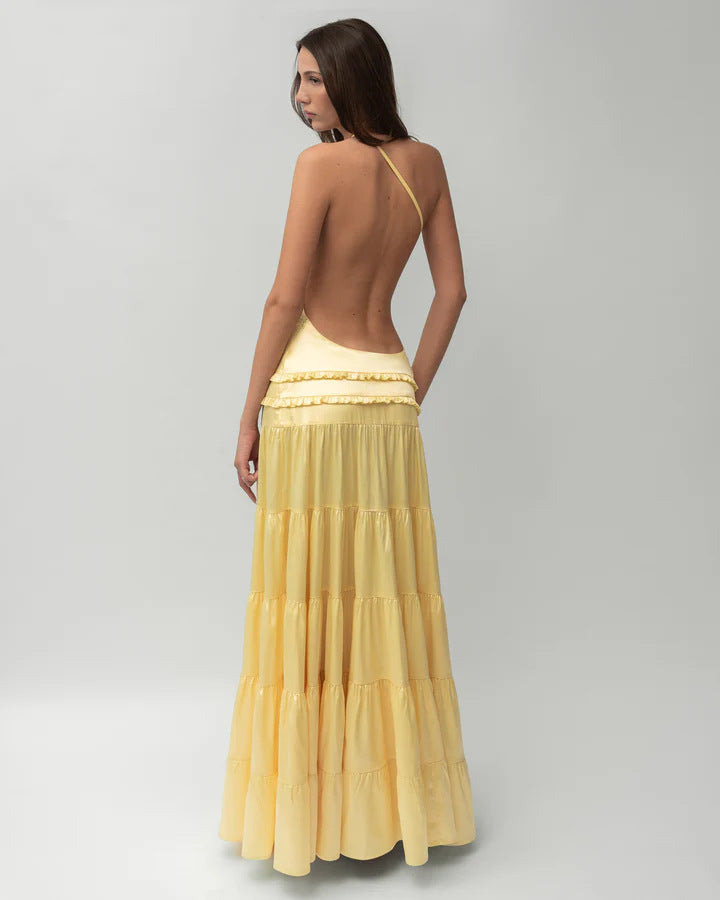 Yellow One-Shoulder Tiered Maxi Dress – Elegant Satin and Chiffon Evening Gown