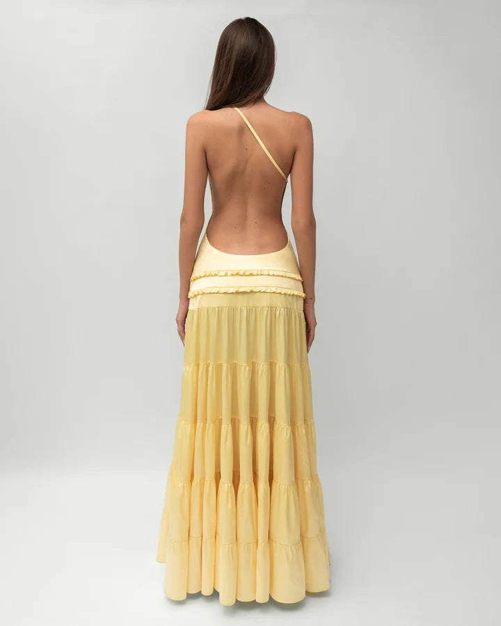 Yellow One-Shoulder Tiered Maxi Dress – Elegant Satin and Chiffon Evening Gown