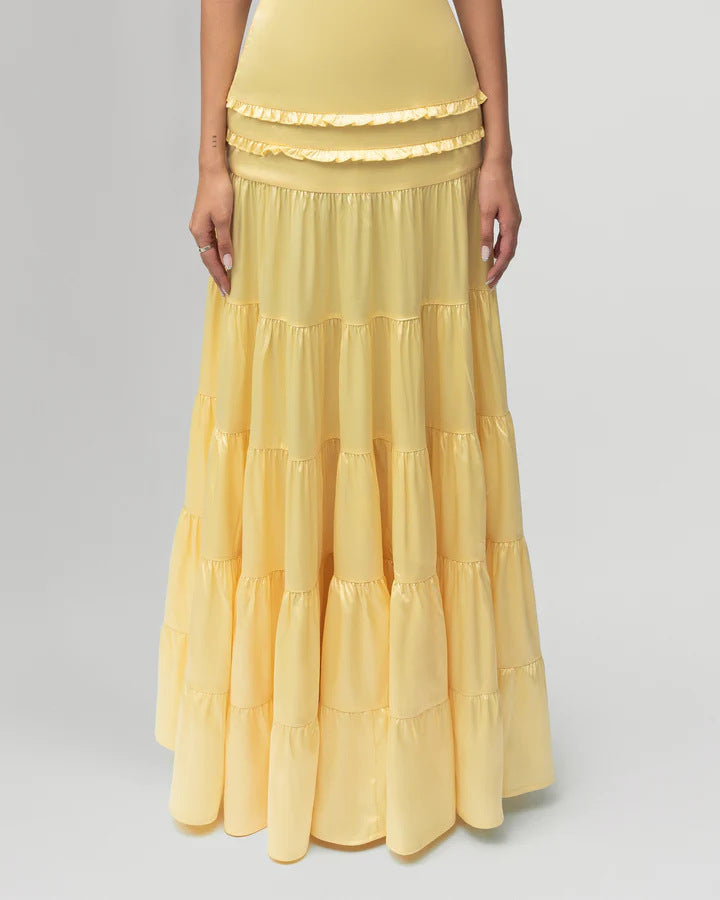 Yellow One-Shoulder Tiered Maxi Dress – Elegant Satin and Chiffon Evening Gown