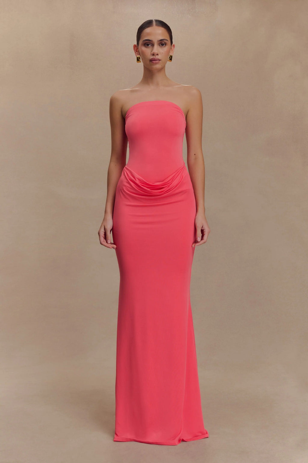Hot Pink Strapless Maxi Dress – Elegant Ruched Bodycon Evening Gown