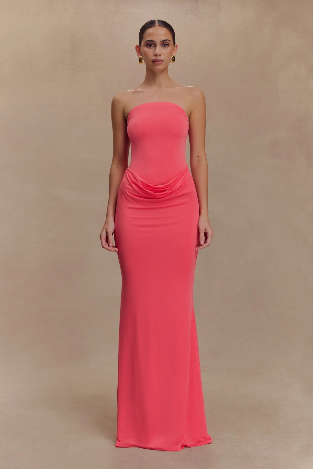 Hot Pink Strapless Maxi Dress – Elegant Ruched Bodycon Evening Gown
