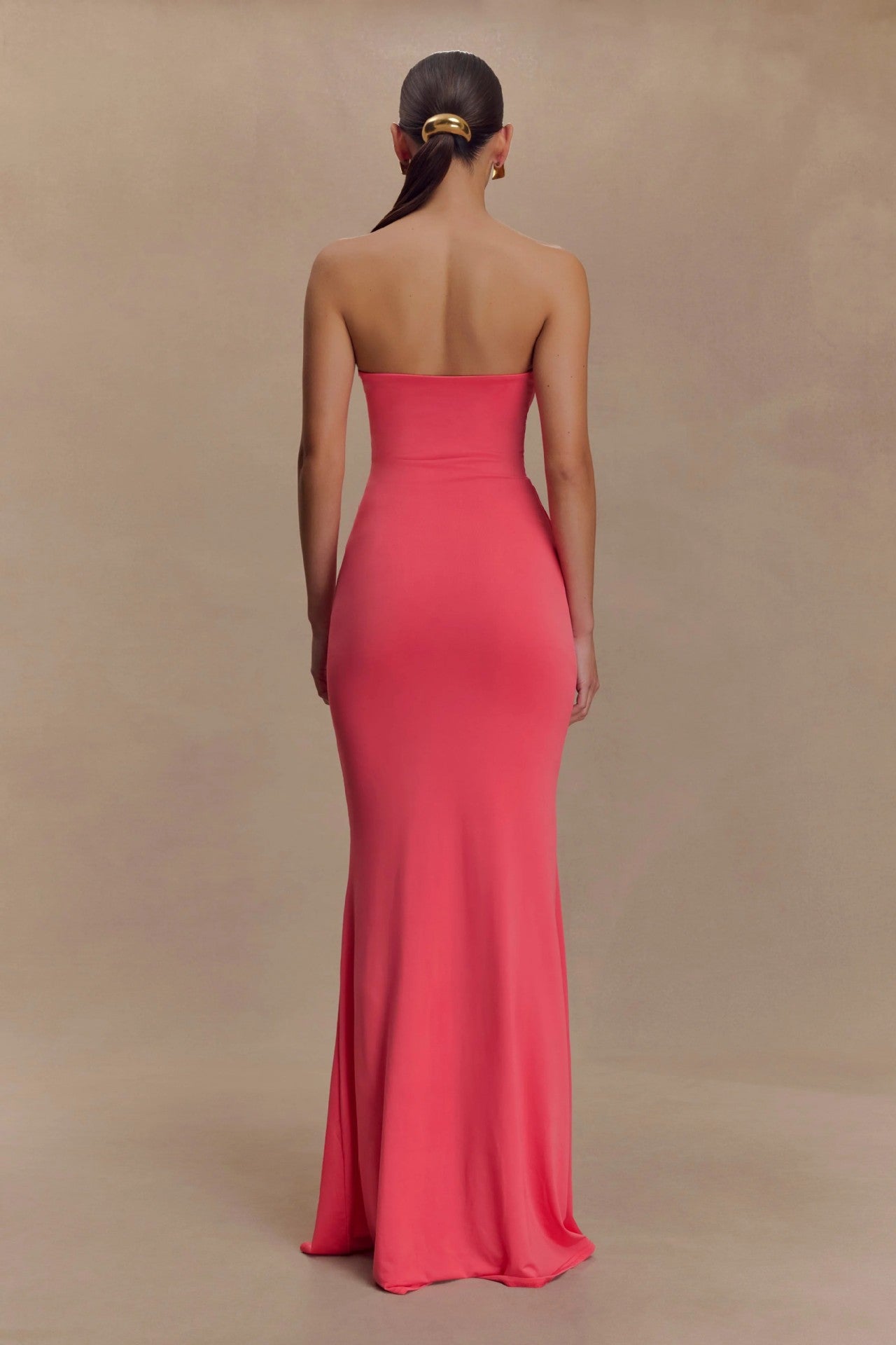 Hot Pink Strapless Maxi Dress – Elegant Ruched Bodycon Evening Gown