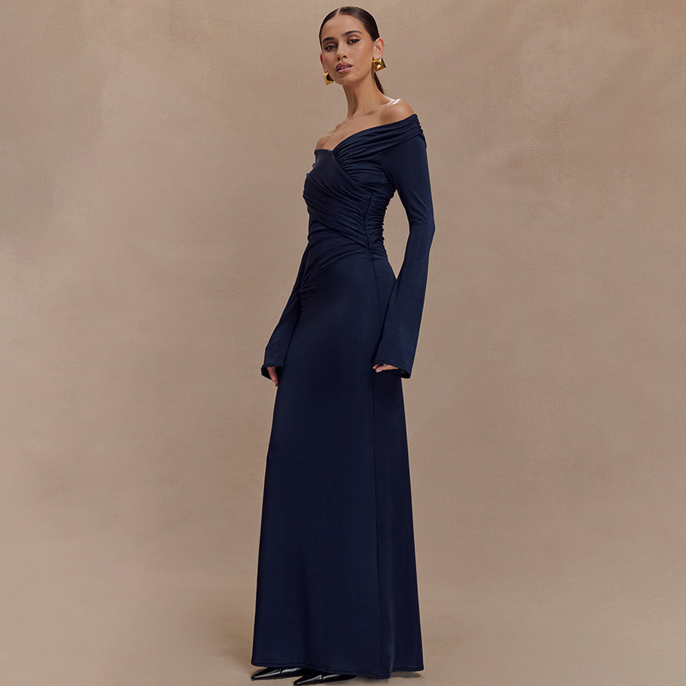 Navy Off-Shoulder Long Sleeve Evening Gown – Elegant Draped Maxi Dress