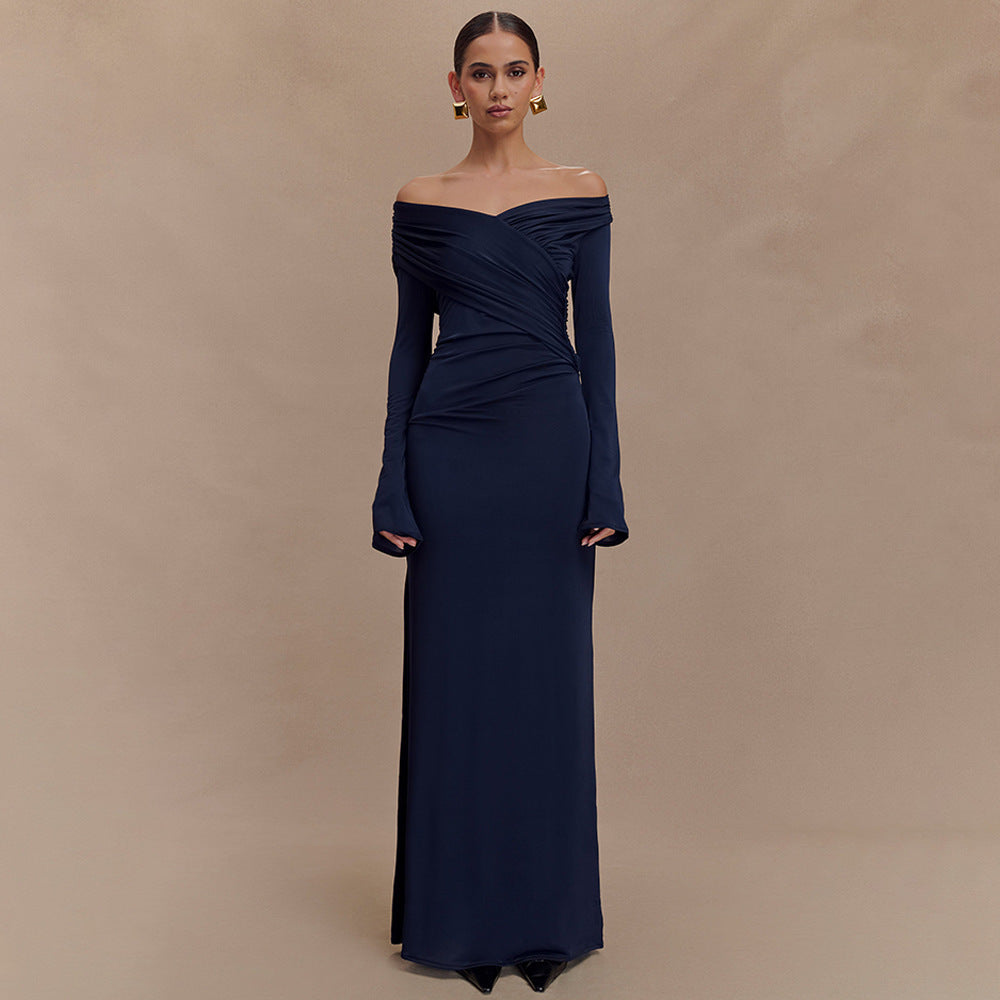 Navy Off-Shoulder Long Sleeve Evening Gown – Elegant Draped Maxi Dress