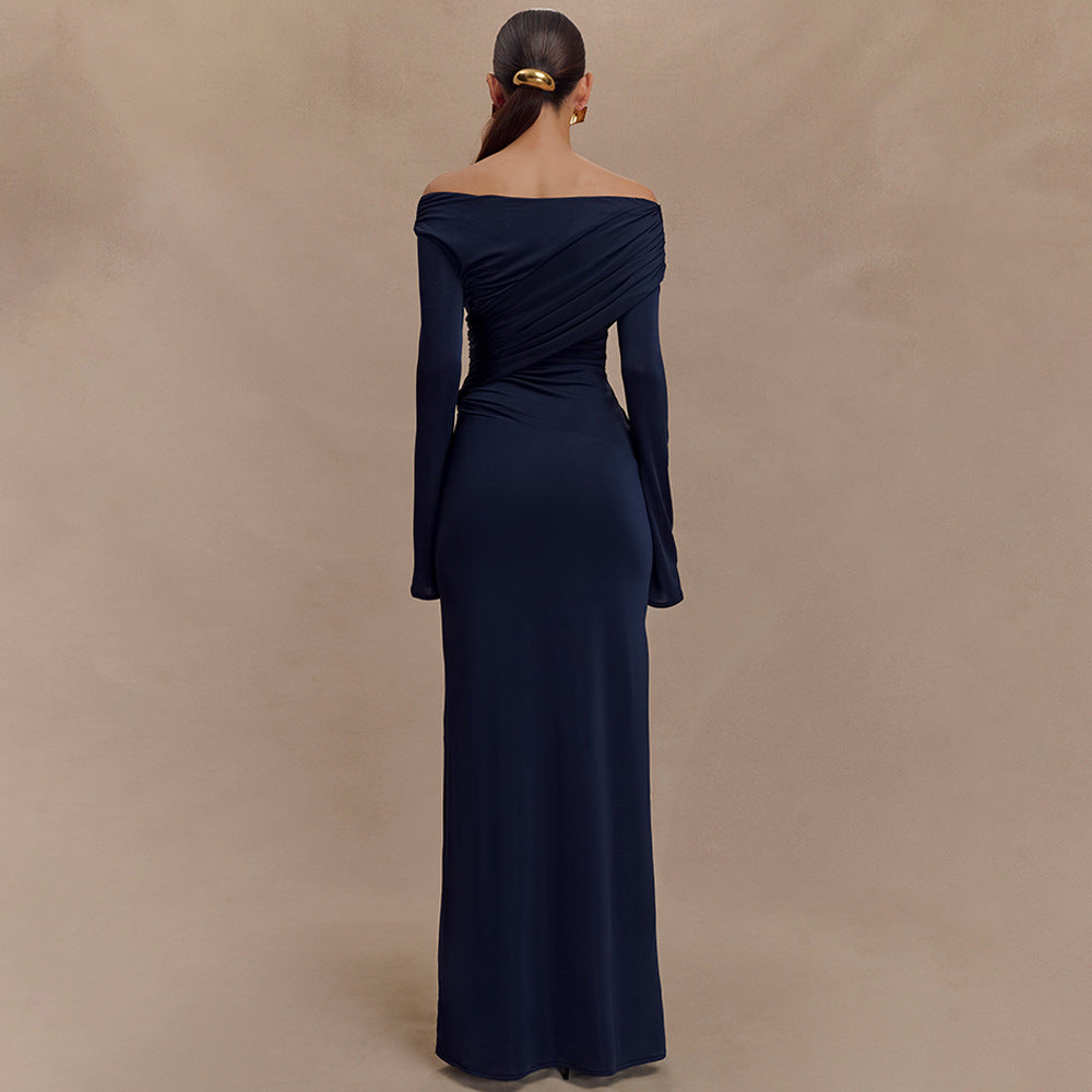 Navy Off-Shoulder Long Sleeve Evening Gown – Elegant Draped Maxi Dress