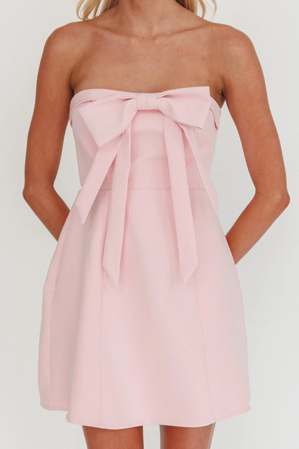 Pink Bow Strapless Mini Dress – Cute A-Line Party Dress with Front Bow