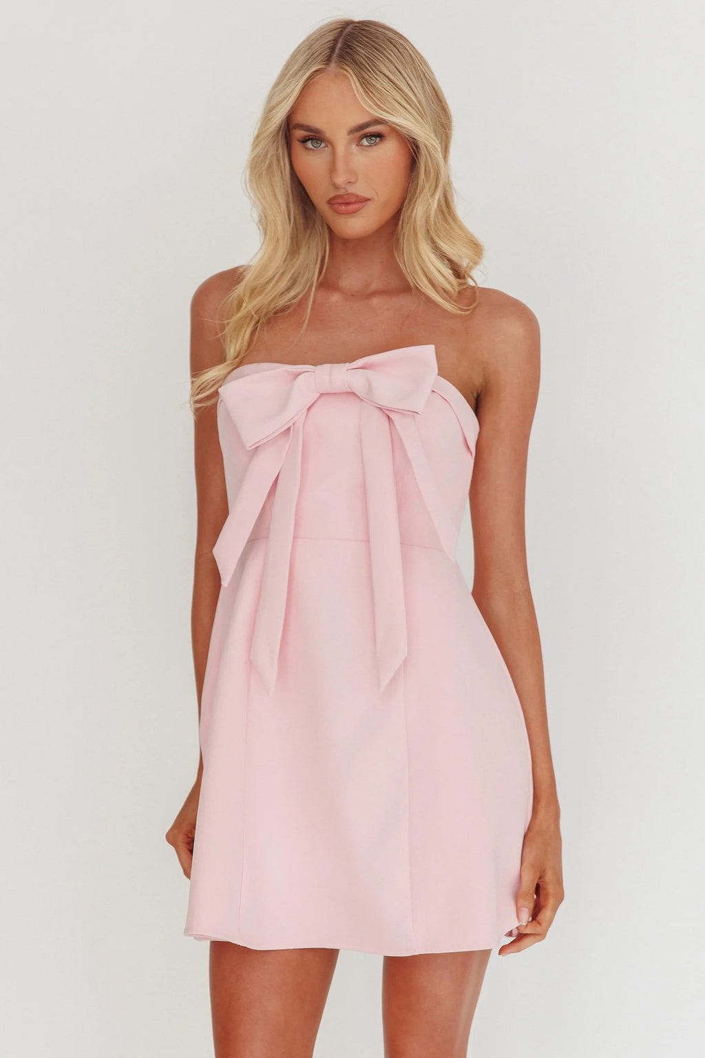 Pink Bow Strapless Mini Dress – Cute A-Line Party Dress with Front Bow