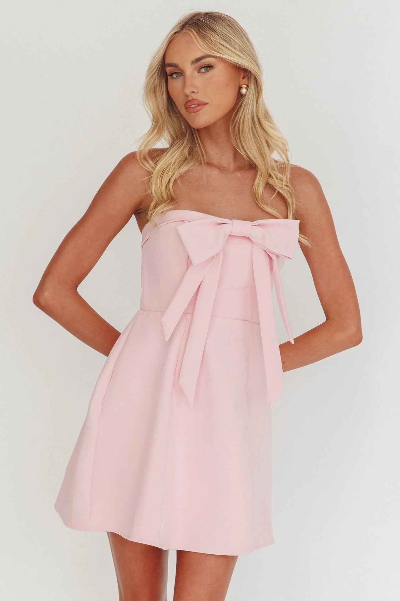Pink Bow Strapless Mini Dress – Cute A-Line Party Dress with Front Bow