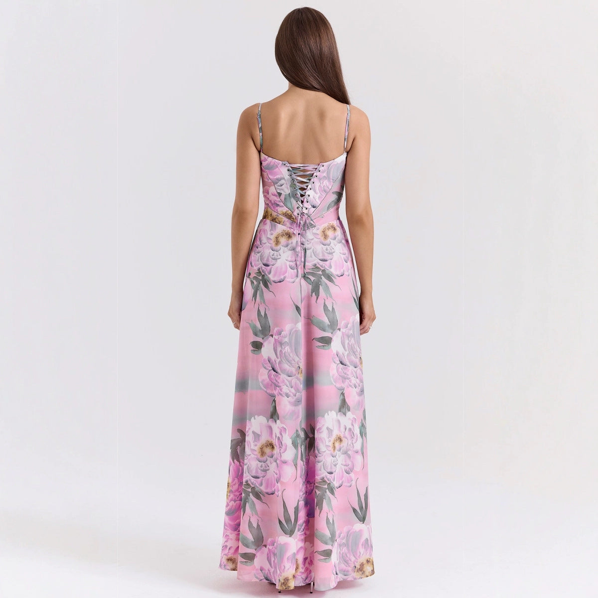 Pink Floral Spaghetti Strap Maxi Dress – Elegant Summer Sleeveless A-Line Gown