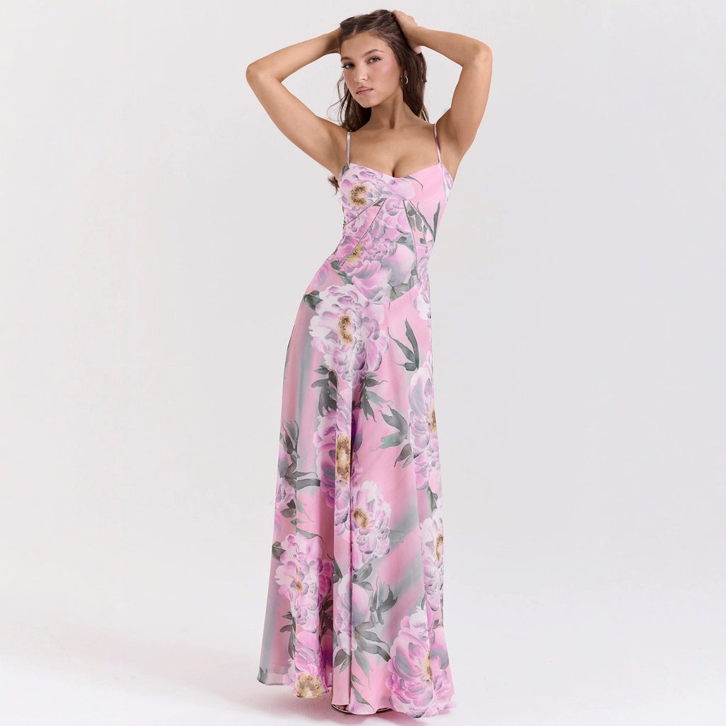 Pink Floral Spaghetti Strap Maxi Dress – Elegant Summer Sleeveless A-Line Gown