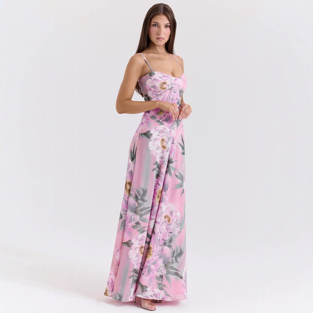 Pink Floral Spaghetti Strap Maxi Dress – Elegant Summer Sleeveless A-Line Gown