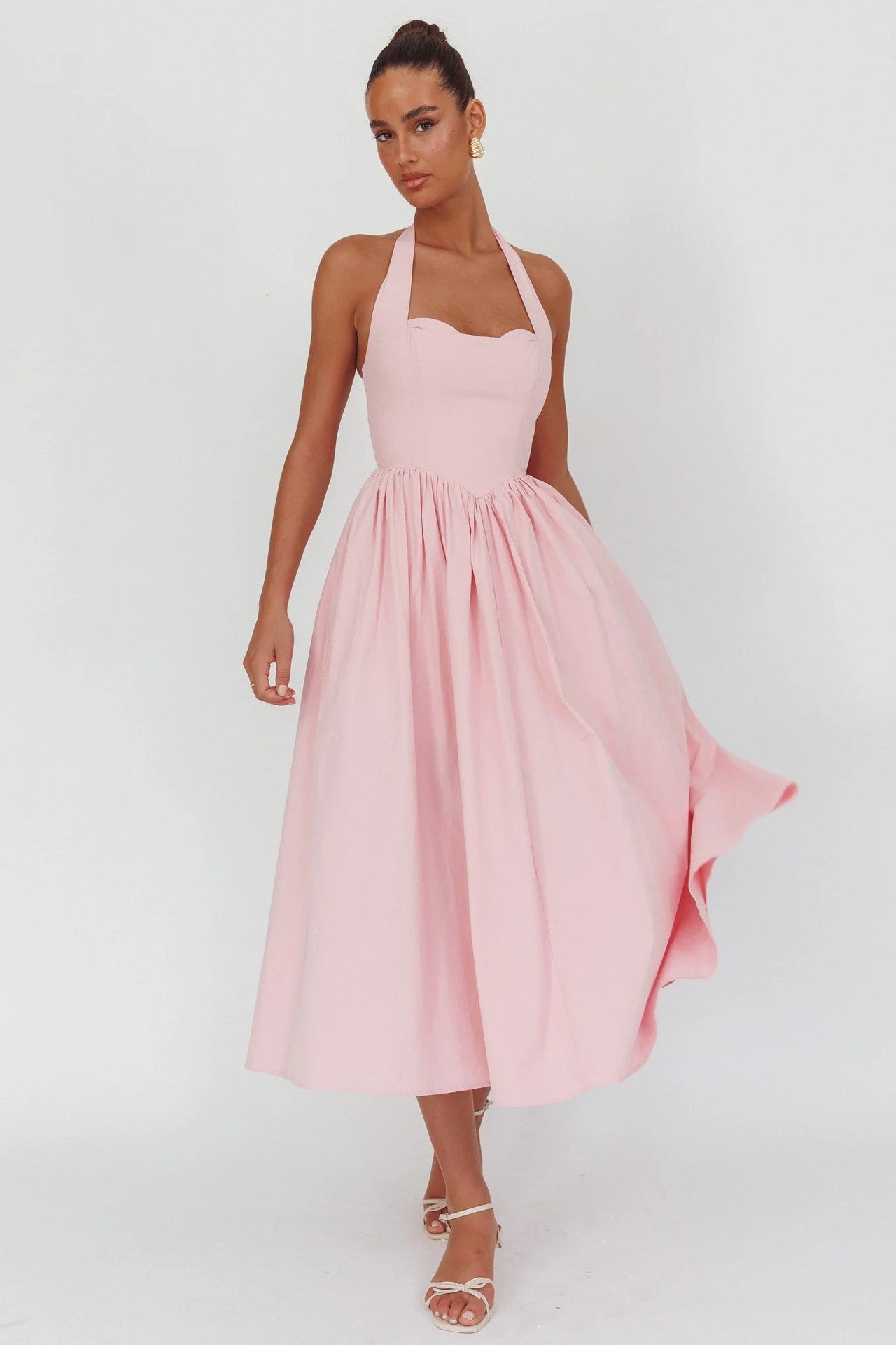 Pink Halter Midi Dress – Elegant Backless Swing Dress for Summer