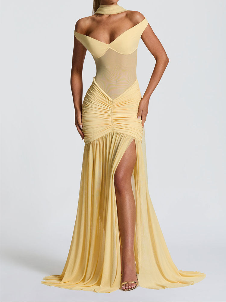 Yellow Off-Shoulder Ruched Evening Gown – Elegant High-Slit Maxi Dress