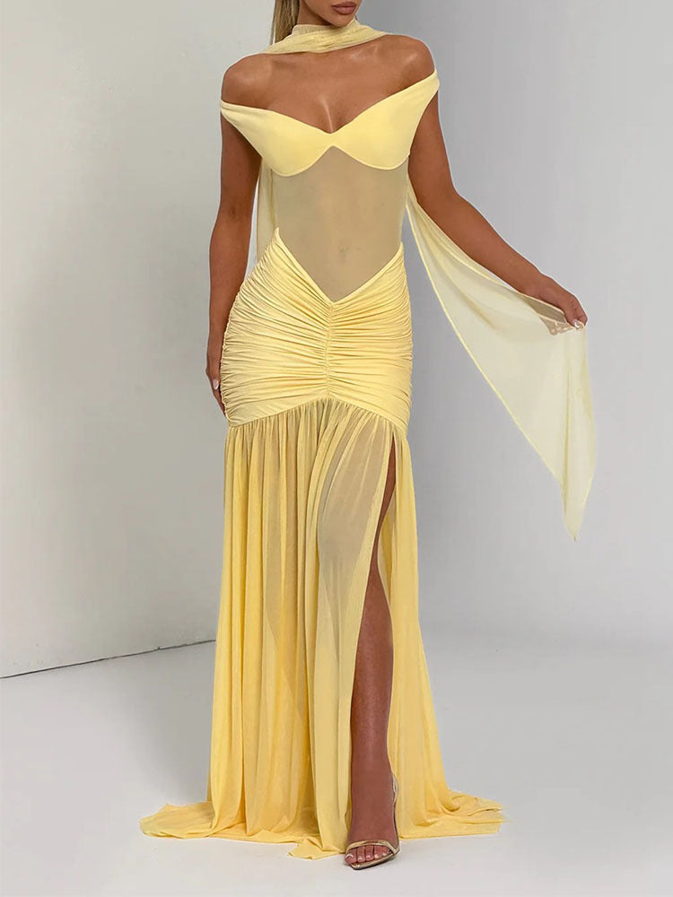 Yellow Off-Shoulder Ruched Evening Gown – Elegant High-Slit Maxi Dress