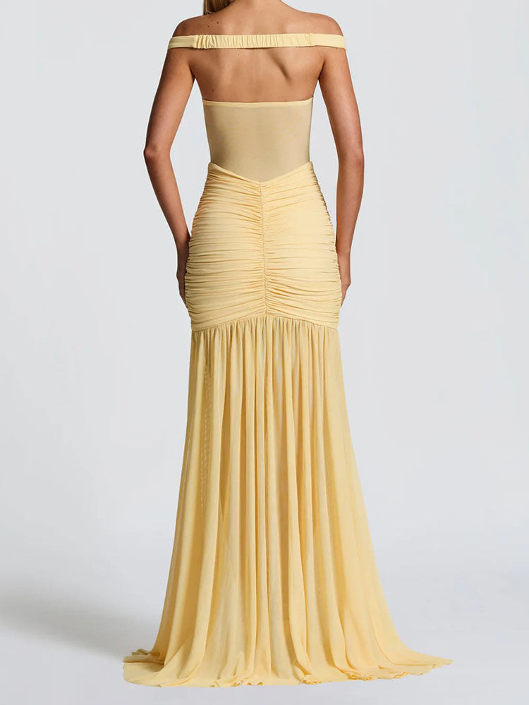 Yellow Off-Shoulder Ruched Evening Gown – Elegant High-Slit Maxi Dress