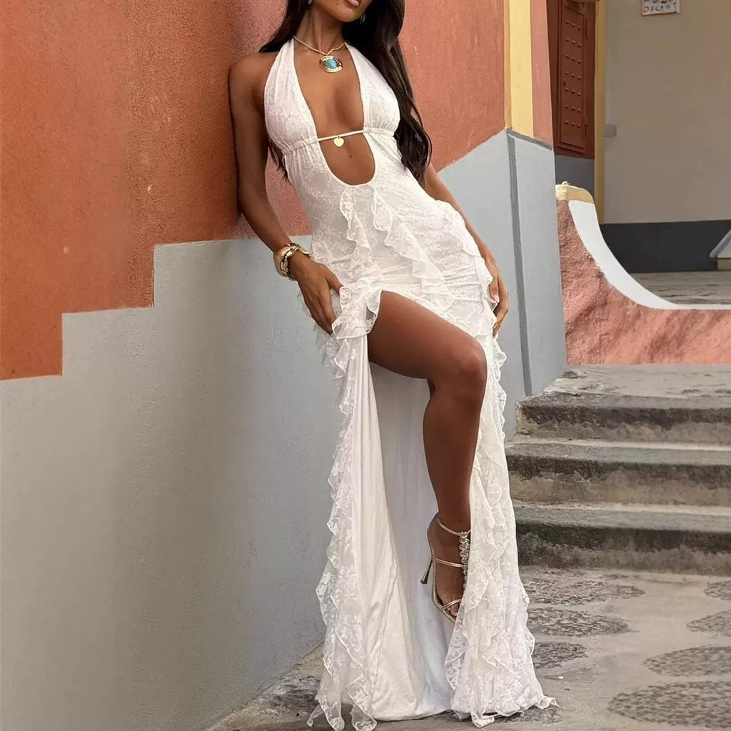 Sexy Deep V Halter Ruffle Maxi Dress Women Summer Backless Lace Maxi Dress