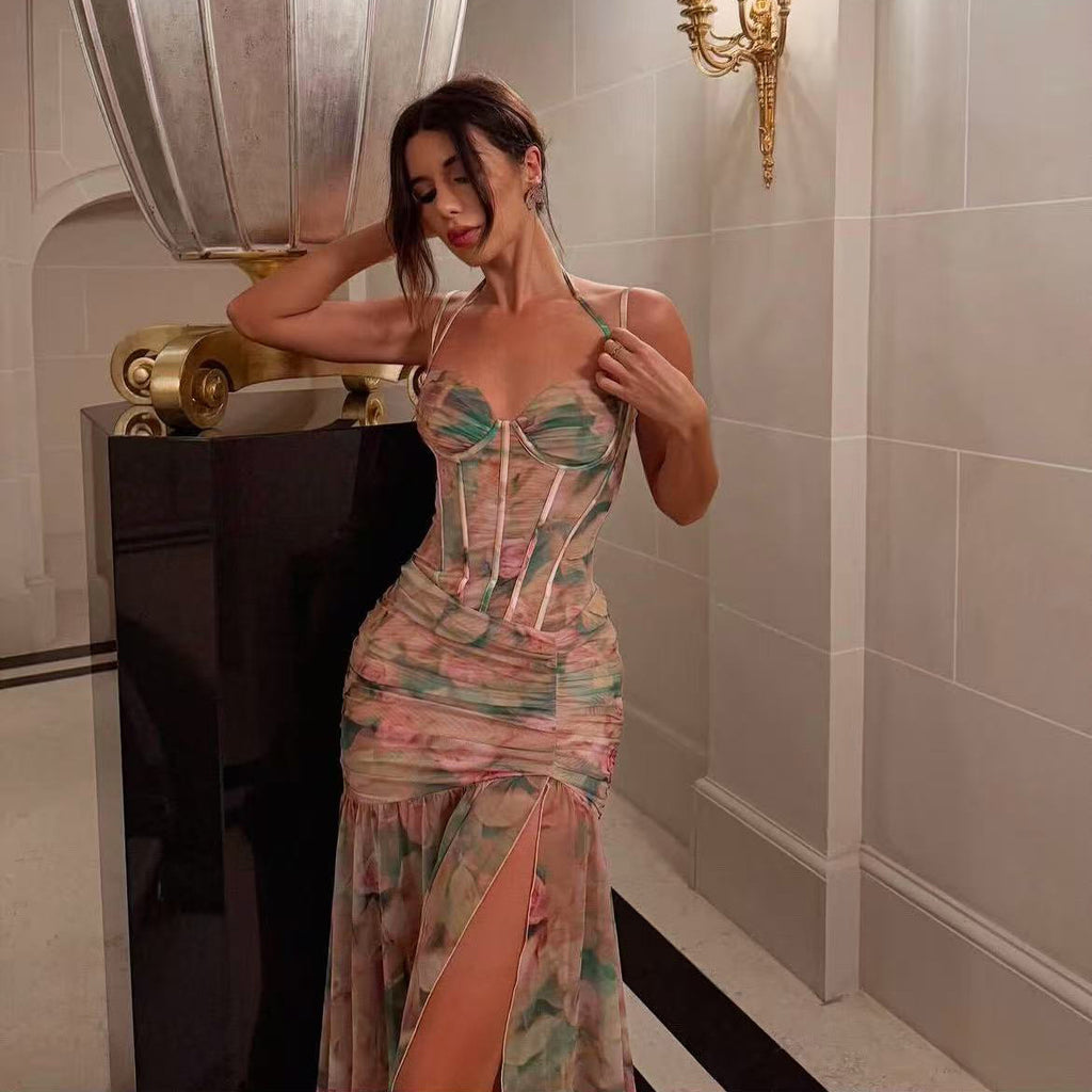 Sexy Floral & Leopard Print Spaghetti Strap Maxi Dress with High Slit – Summer Vacation Evening Gown