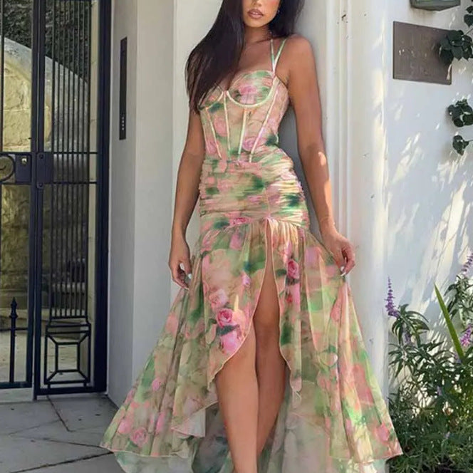 Sexy Floral & Leopard Print Spaghetti Strap Maxi Dress with High Slit – Summer Vacation Evening Gown