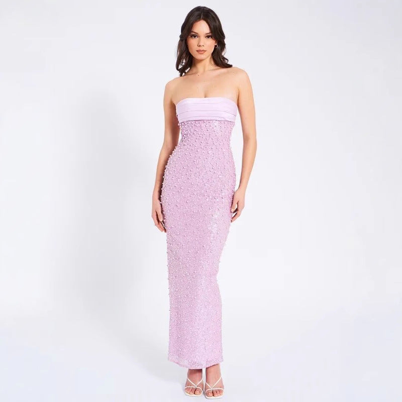 Sexy Strapless Pink Sequin Evening Gown – Elegant Slim Fit Maxi Dress for Women