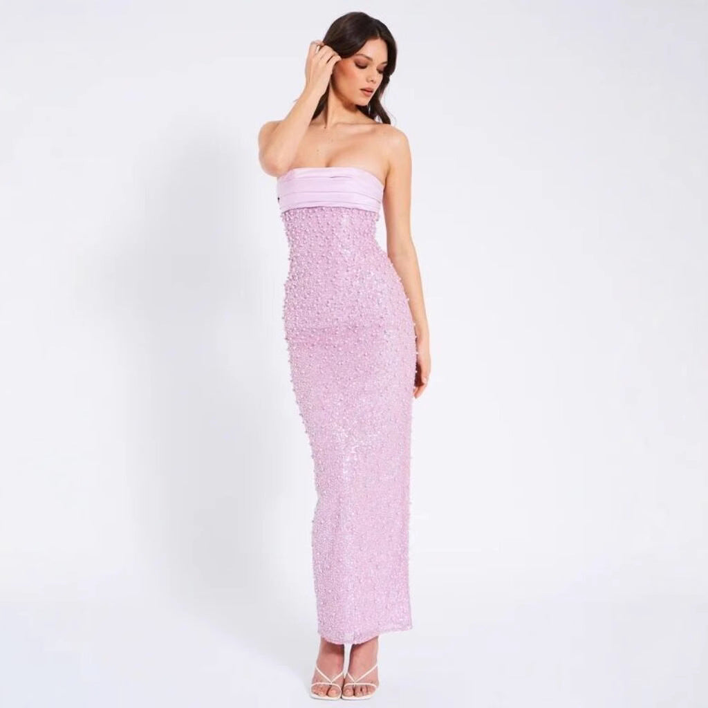 Sexy Strapless Pink Sequin Evening Gown – Elegant Slim Fit Maxi Dress for Women