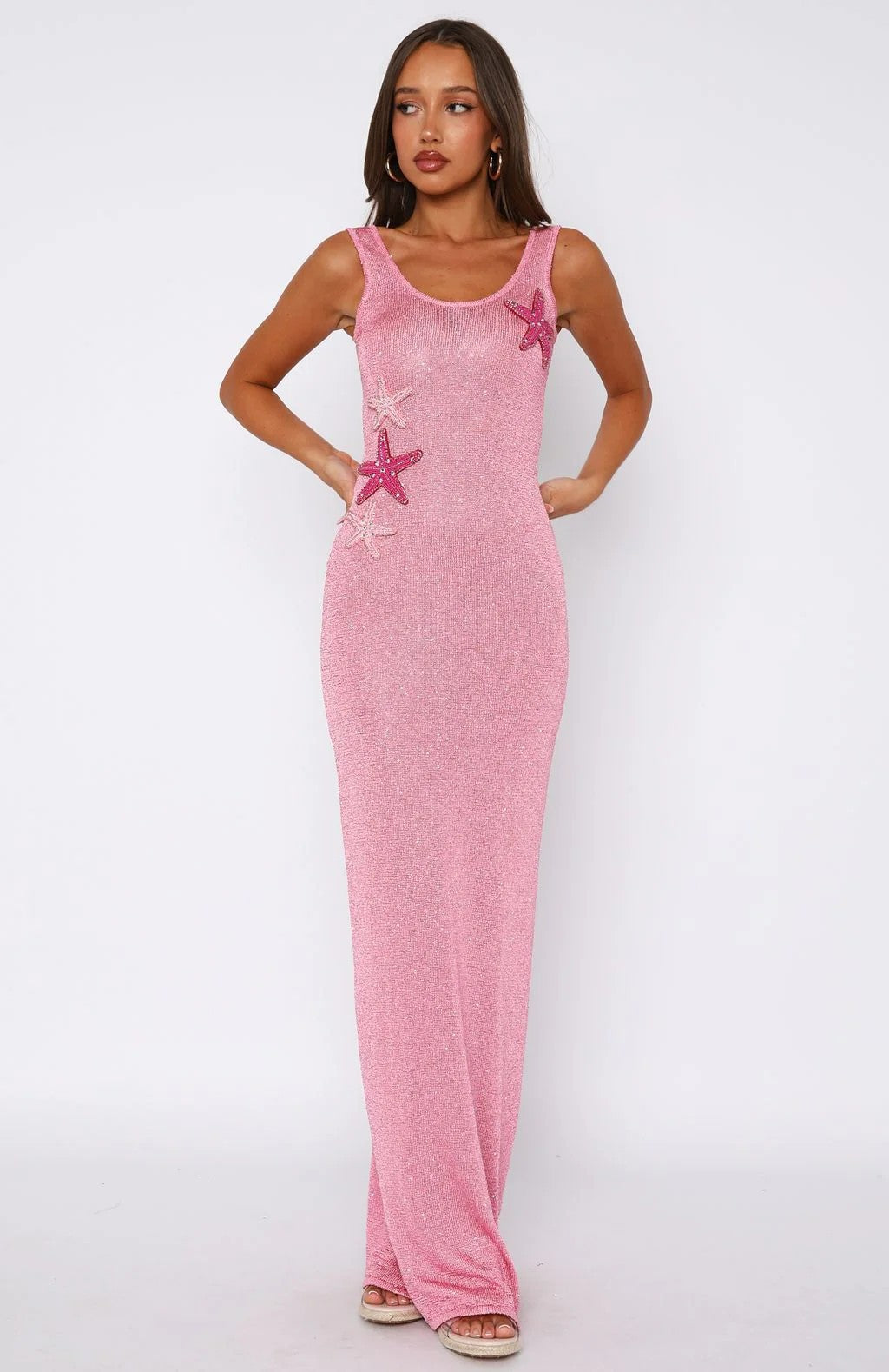 Pink Starfish Knit Maxi Dress – Sparkly Beach-Inspired Sleeveless Gown