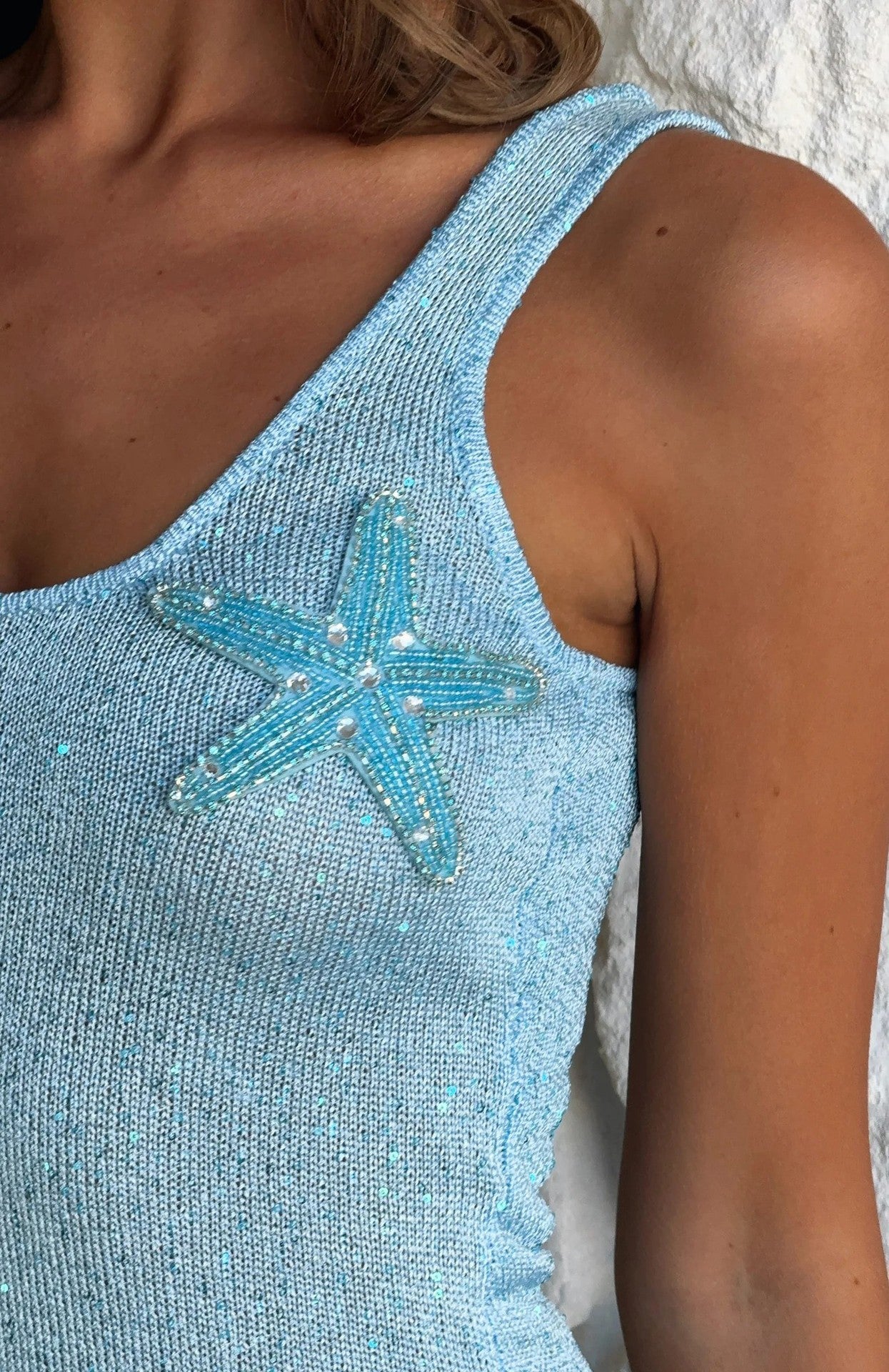 Pink Starfish Knit Maxi Dress – Sparkly Beach-Inspired Sleeveless Gown