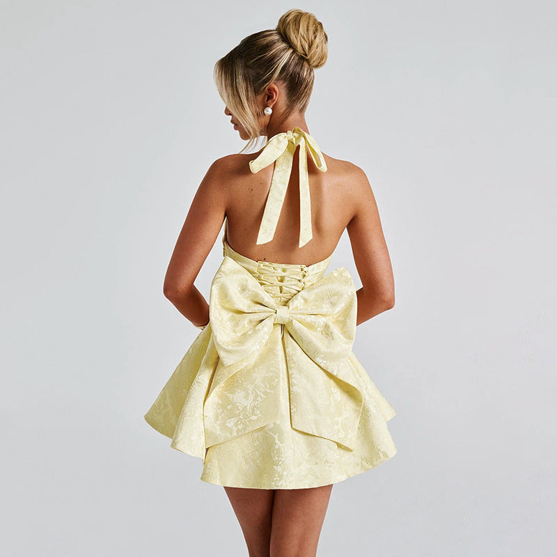 Halter Mini Dress with Bow Back – Flared Jacquard Cocktail Dress
