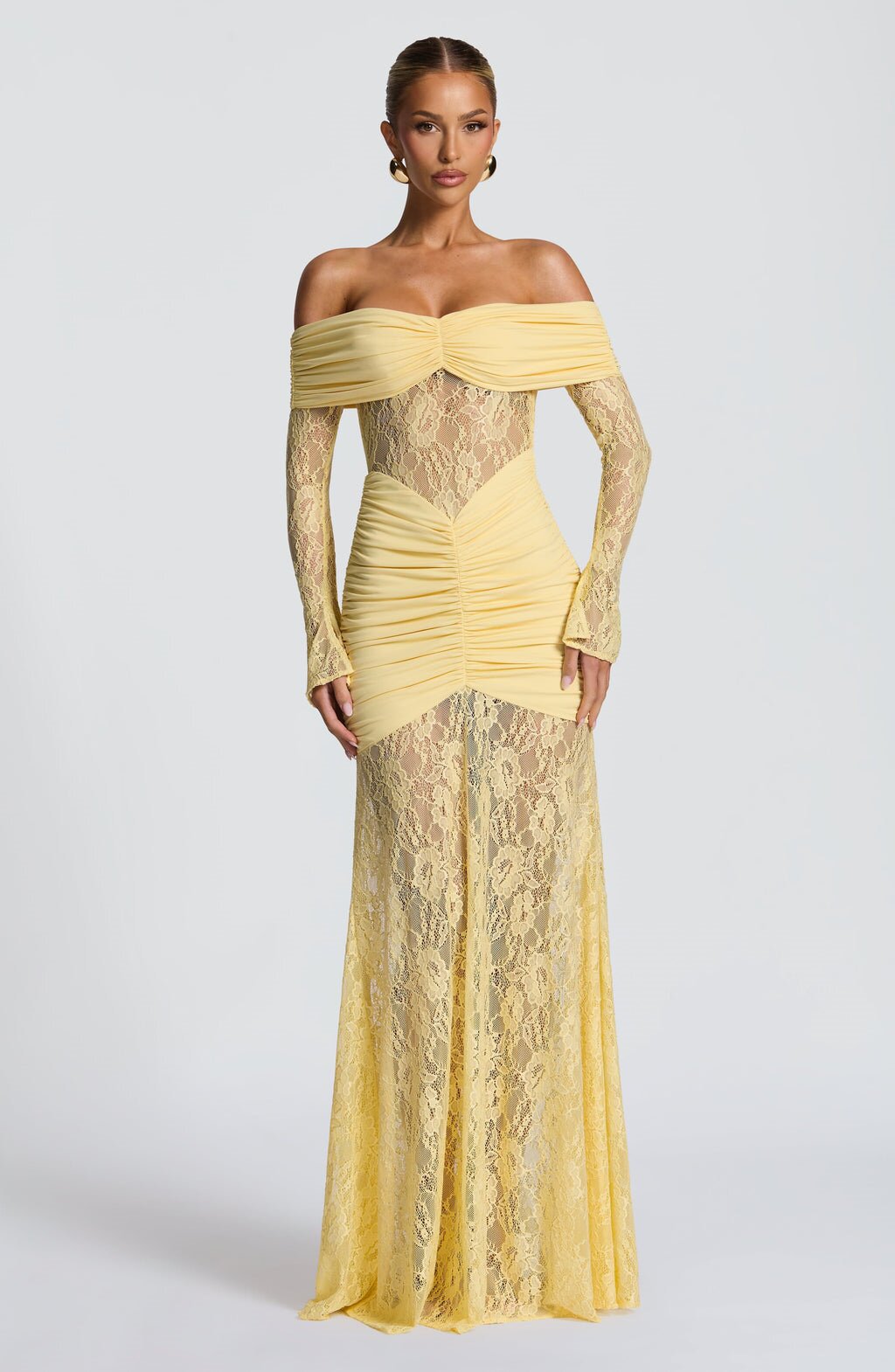 Yellow Lace Off Shoulder Long Sleeve Maxi Dress – Elegant See Through Evening Gown