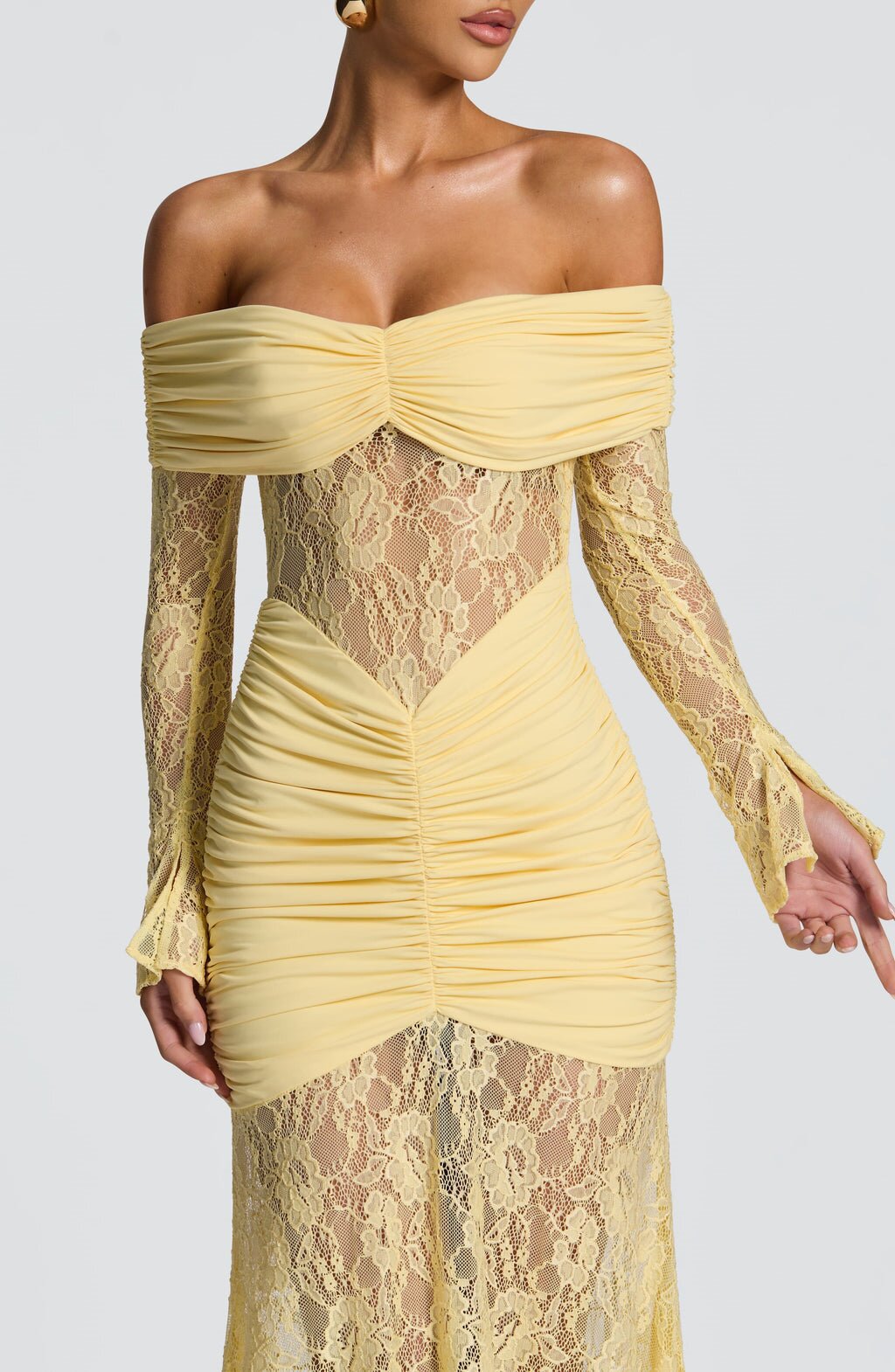 Yellow Lace Off Shoulder Long Sleeve Maxi Dress – Elegant See Through Evening Gown